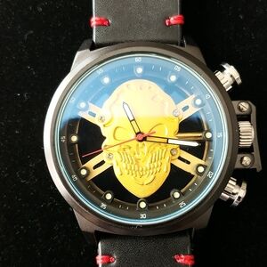 Gold Skull Dial Men's Watch with Black Strap